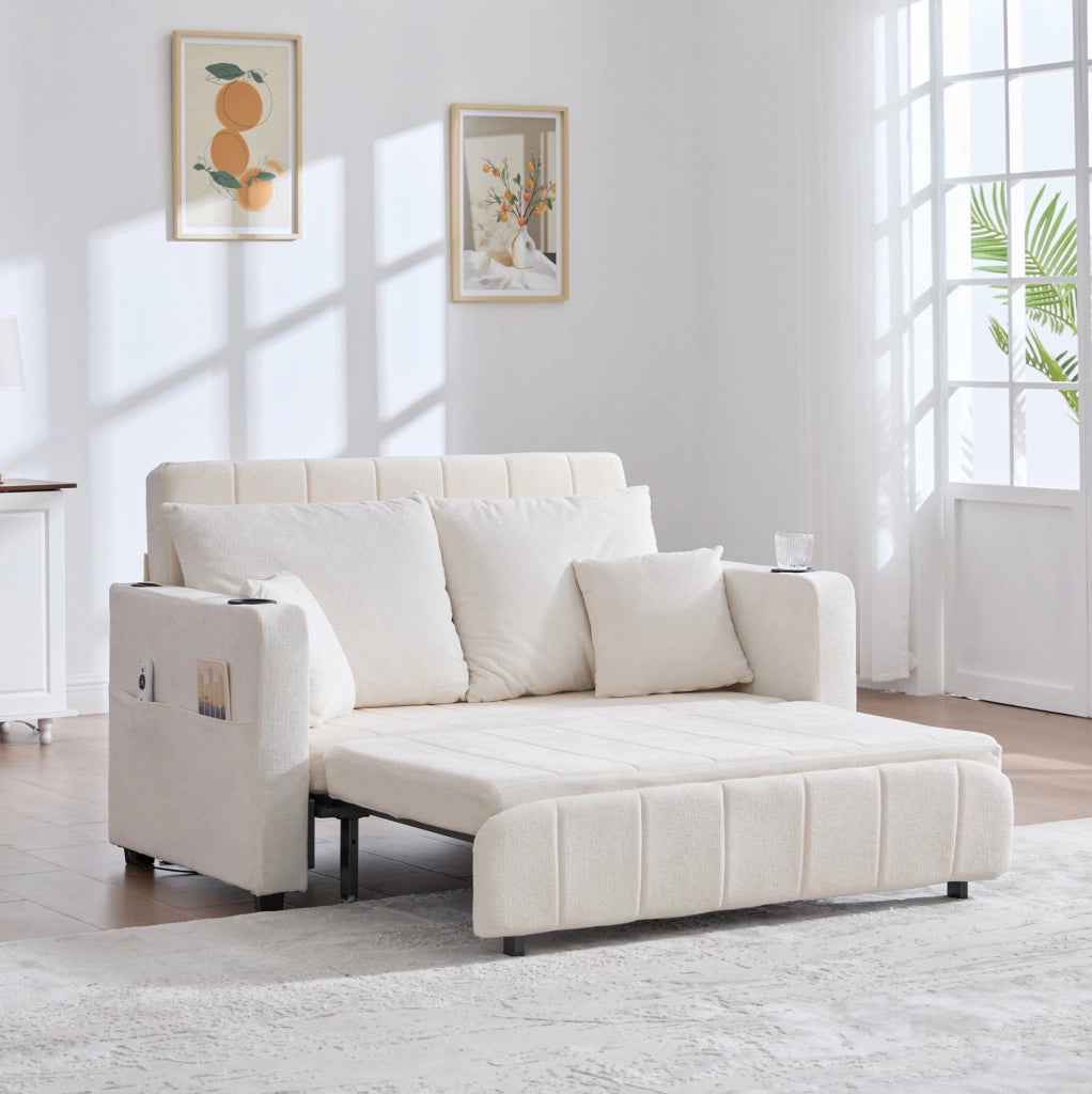 Divano letto multifunzione in ciniglia beige; convertibile; 139x83x58 cm