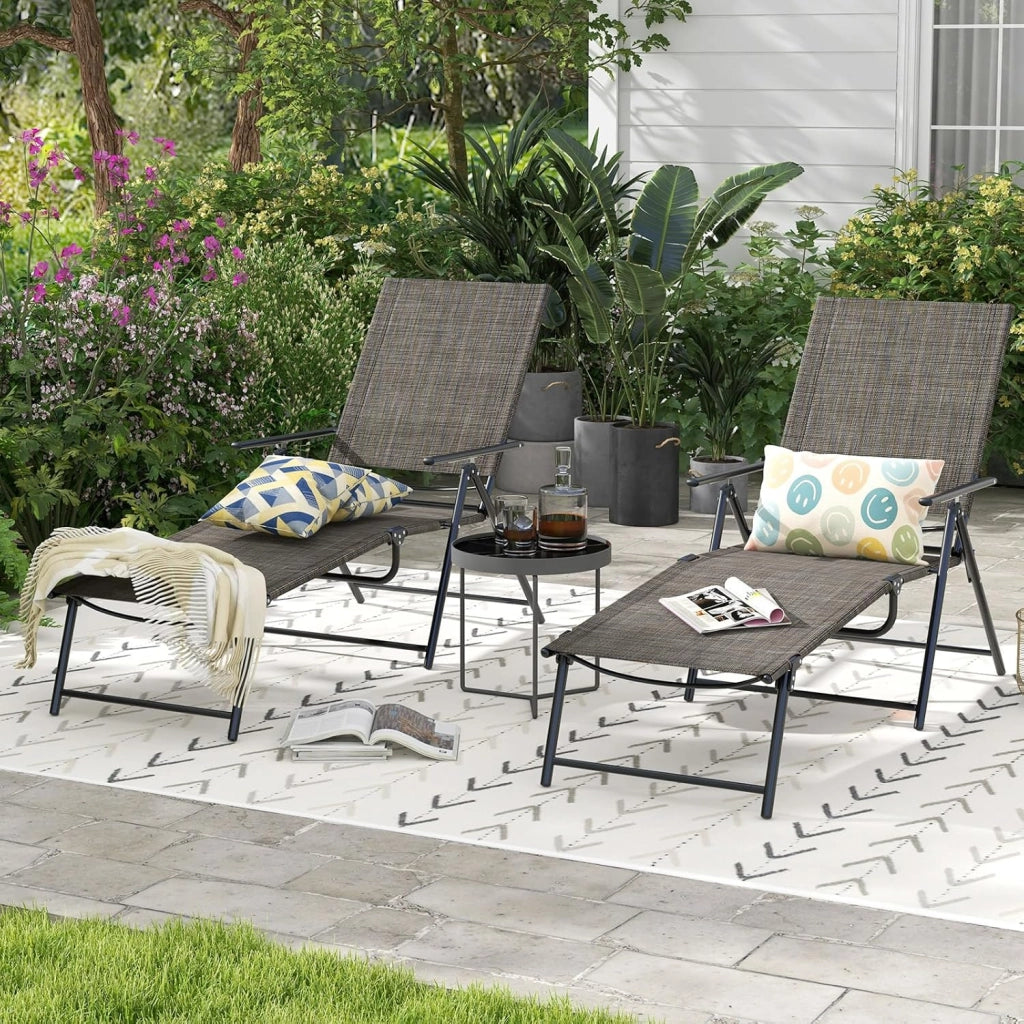 Set di 2 Lettini Prendisole da Giardino, con Schienale Regolabile, Sedia a Sdraio Pieghevole con Schienale Reclinabile, per Terrazzo Piscina Giardino, Portata 150 kg (Marrone)