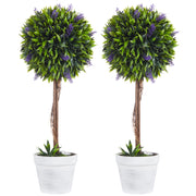 Set 2 Piante Artificiali Ø24x60 cm Verdi a Sfera con Fiori di Lavanda e Vaso con Muschio e Cemento