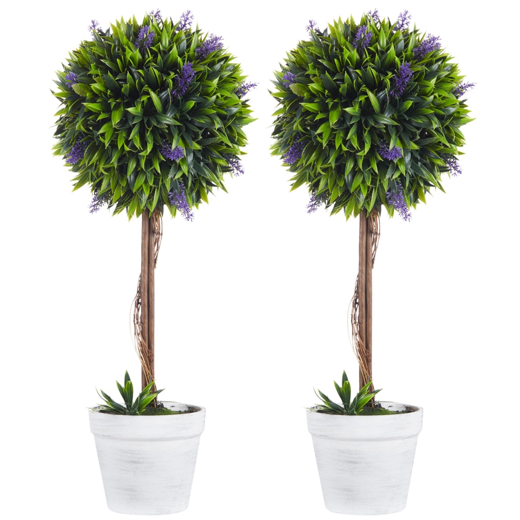 Set 2 Piante Artificiali Ø24x60 cm Verdi a Sfera con Fiori di Lavanda e Vaso con Muschio e Cemento