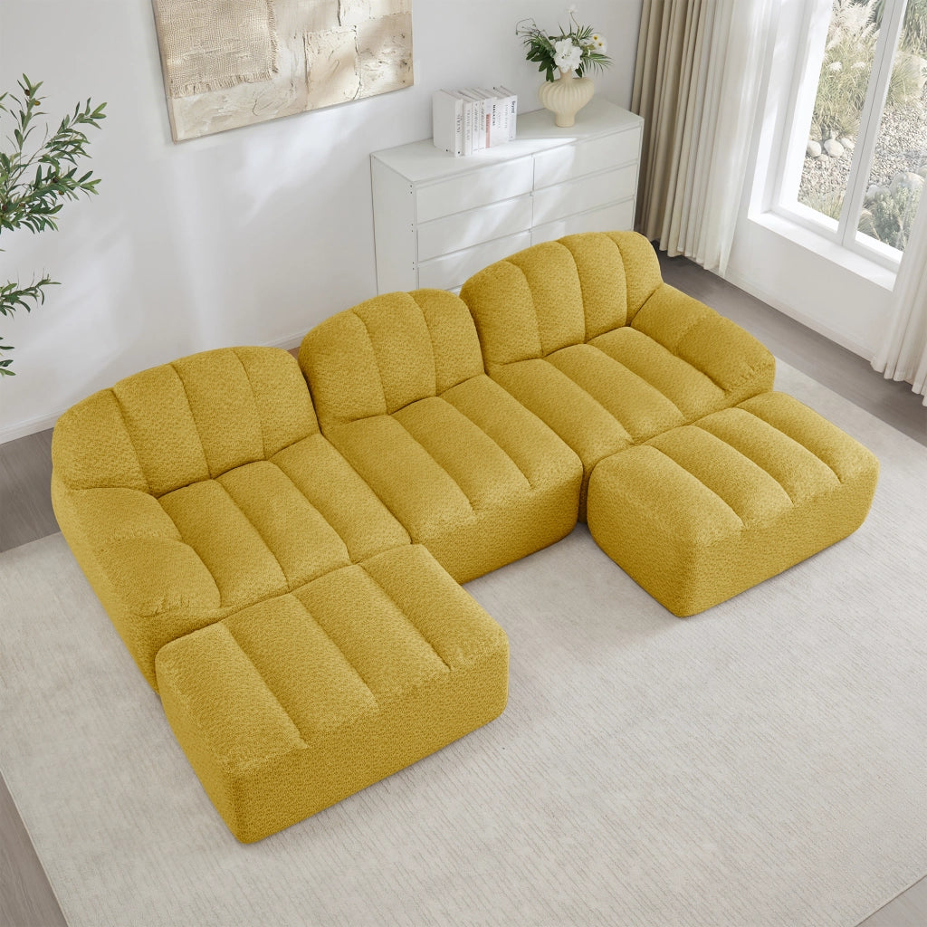 Divano modulare angolare con pouf, schienale ergonomico e seduta ampia in pile granulato giallo 288 × 165 × 79 cm