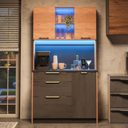 Mobile Alto Cucina con LED ¨C MINIMAL ¨C Effetto Cemento, Piano Nero, 100x40x180 cm