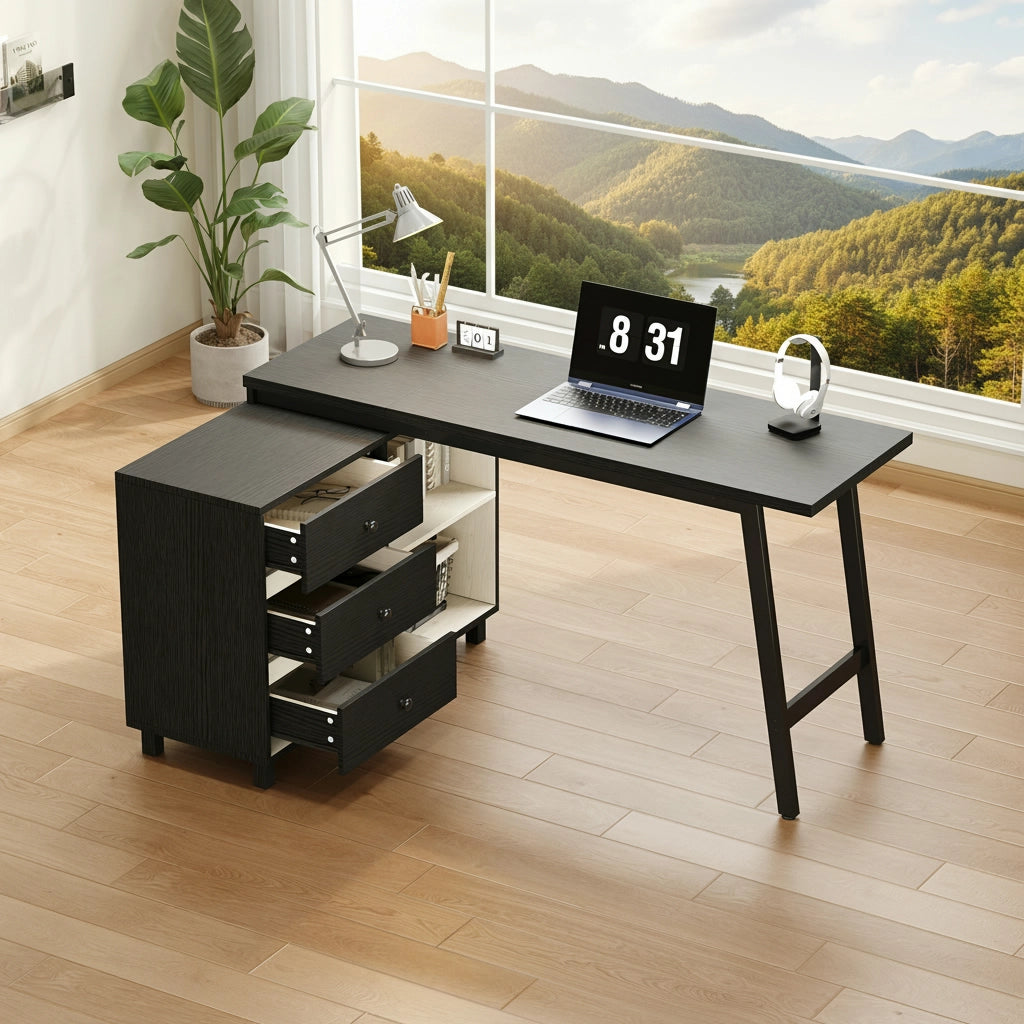 Scrivania angolare con 3 cassetti e 2 vani aperti in MDF e acciaio per ufficio e studio nero bianco 150 × 100 × 76 cm