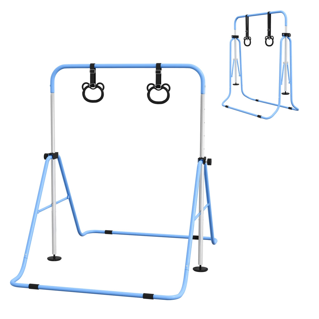 Sbarra per ginnastica bambini regolabile ¨C zephmum ¨C 5 livelli, anelli, blu, plegabile