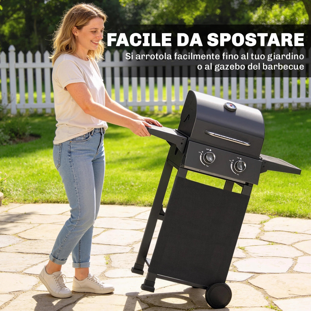 Barbecue a Gas Propano 95x53x111,5 cm con 2 Bruciatori Ripiani e Coperchio con Termometro in Acciaio Nero