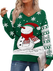 Maglione da donna a V con stampa di fiocchi di neve e fiocchi di neve, lunghe maniche, caldo, comodo e di moda.