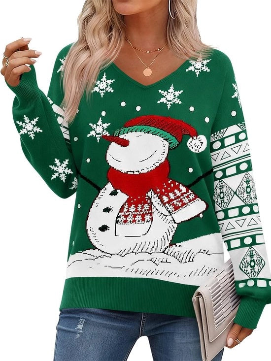Maglione da donna a V con stampa di fiocchi di neve e fiocchi di neve, lunghe maniche, caldo, comodo e di moda.
