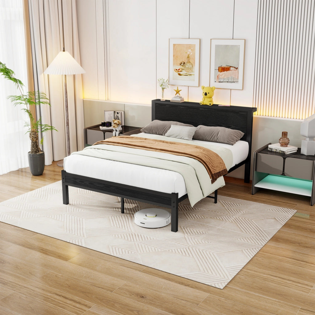LETTO Singolo 140x200 cm in MDF e Metallo Nero con spazio contenitore