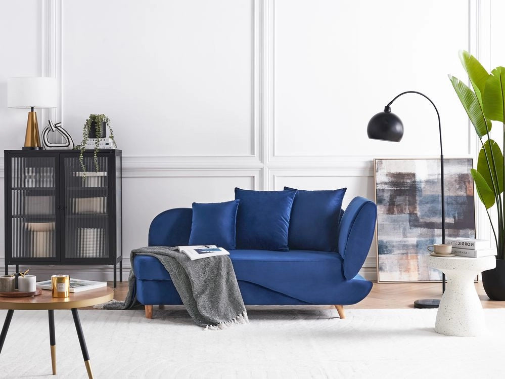 Chaise Longue in velluto blu lato destro con contenitore stile moderno soggiorno