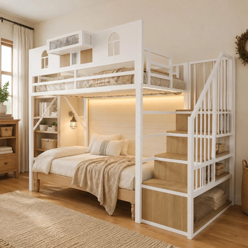 Letto a soppalco in metallo 90 x 200 cm con scala contenitore e barra luminosa; bianco