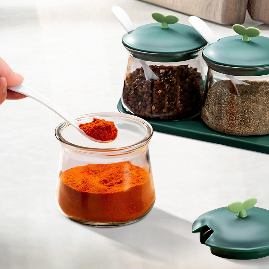 Set 3 barattoli per spezie in vetro con coperchi e base in plastica Verde Cheffinger