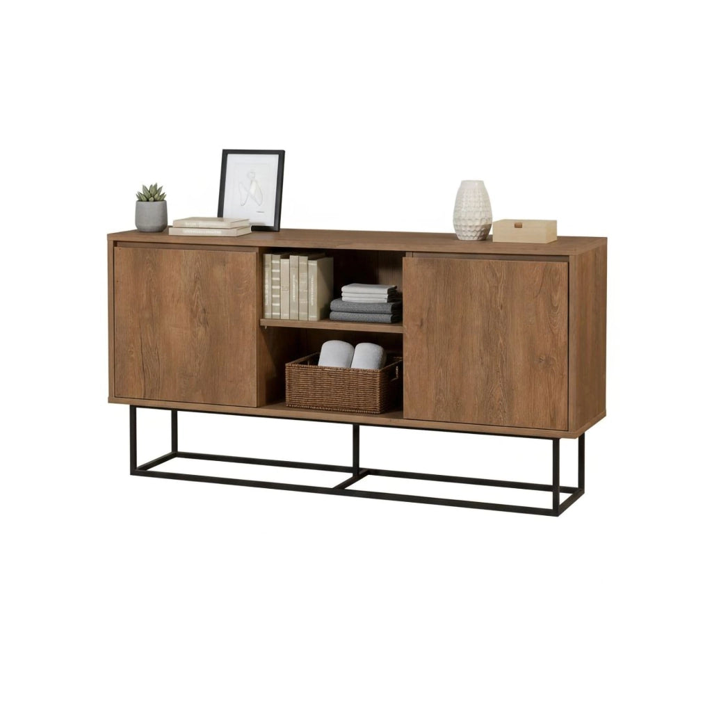 Credenza Levante, Buffet da soggiorno, Madia da salotto, Dispensa da cucina, 140x36h72 cm, Noce e Nero