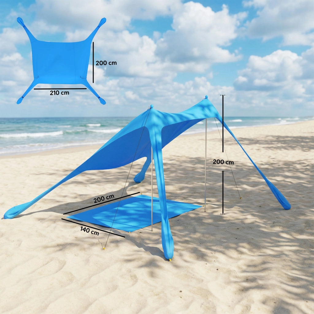 Tenda da Spiaggia UV 50+ per 2-4 Persone con Tappetino e Pala, in Lycra e Alluminio, 200x208x200 cm, Azzurro