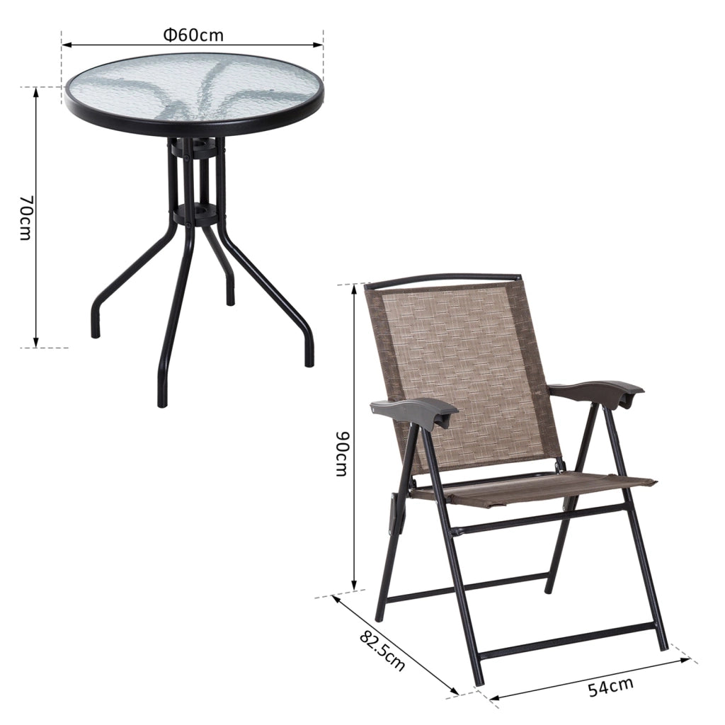 Set Tavolino e 2 Sedie Pieghevoli da Giardino in Vetro Marrone