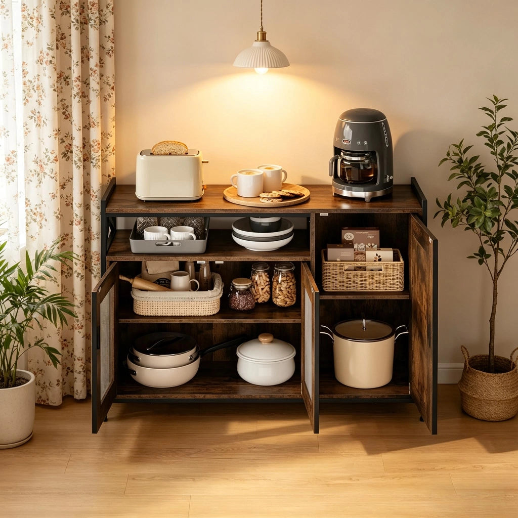Credenza e madia con 1 vano aperto e 2 ante, ripiani regolabili, per cucina e soggiorno, in legno e metallo, marrone