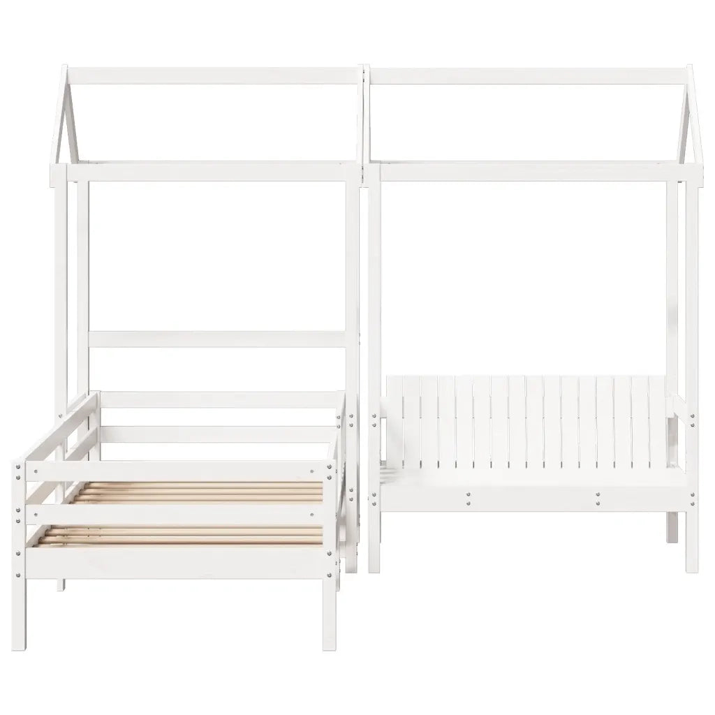 Letto singolo | Letto per adulti | Giroletto con Panca e Tetto Bianco 80x200cm Legno Massello Pino