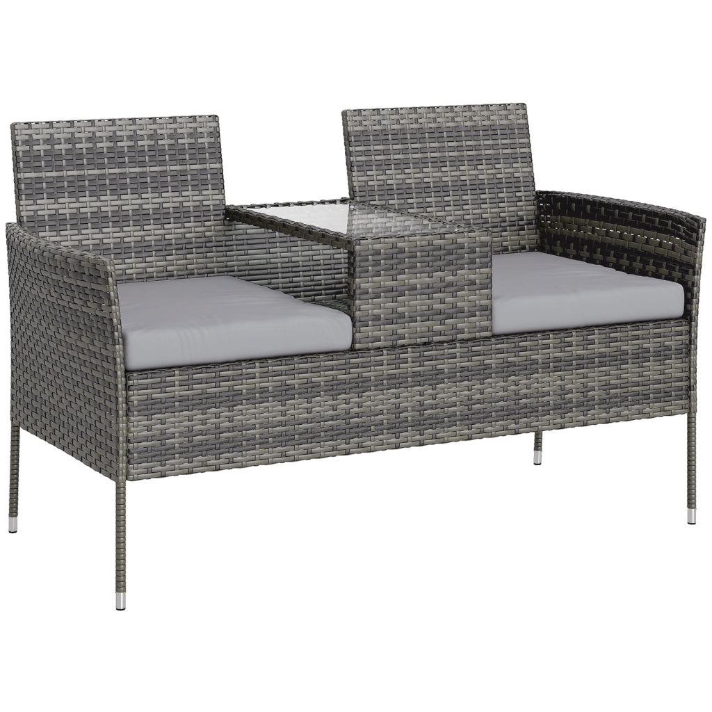 Panchina da Esterno 2 Posti 137x59x82 cm con Tavolino da Caffè in Acciaio e Rattan PE Grigio