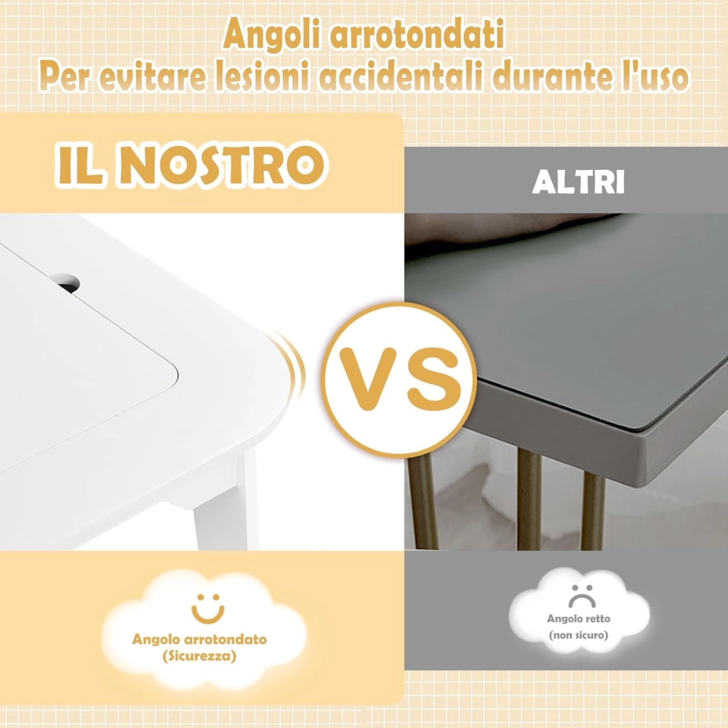 Tavolino per Bambini con Sedie, Set di Tavolo con Lavagna e Contenitore, Mobile per Cameretta dei Bambini, Asilo, Scuola Materna, Piano Ribaltabile
