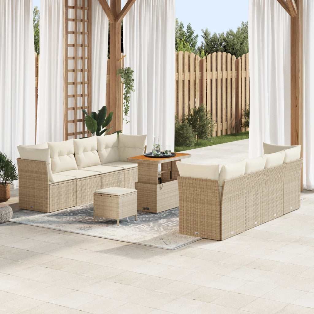 Set Divano da Giardino  da 11 Pezzi con Cuscini Beige Polyrattan Acacia