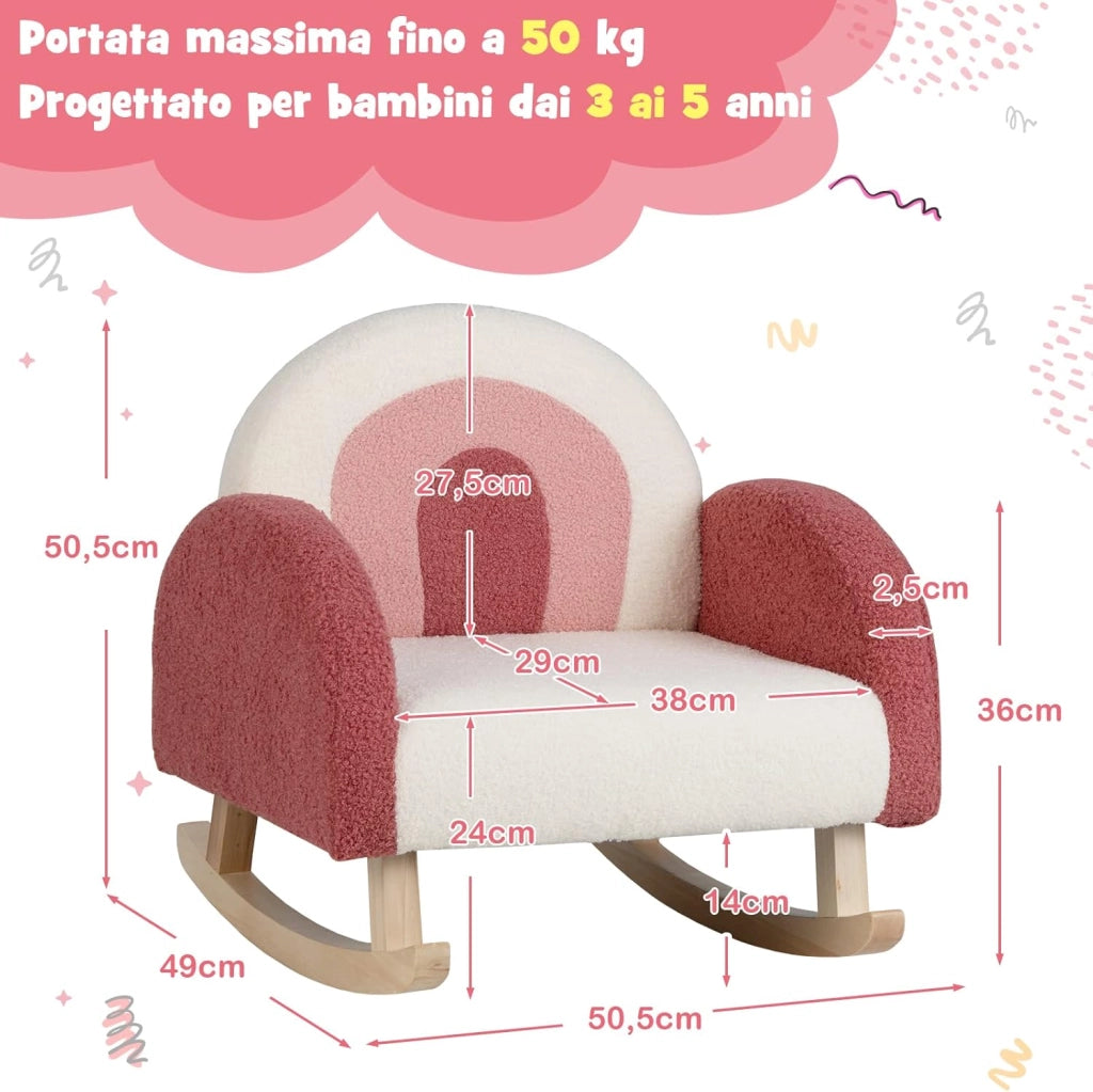 Sedia a Dondolo per Bambini con Gambe in Legno Massello, Poltrona per Bambini di 3-5 Anni, Divanetto Singolo Imbottito per Cameretta, 50,5 x 49 x 50,5 cm, Portata 50 kg (Rosso)