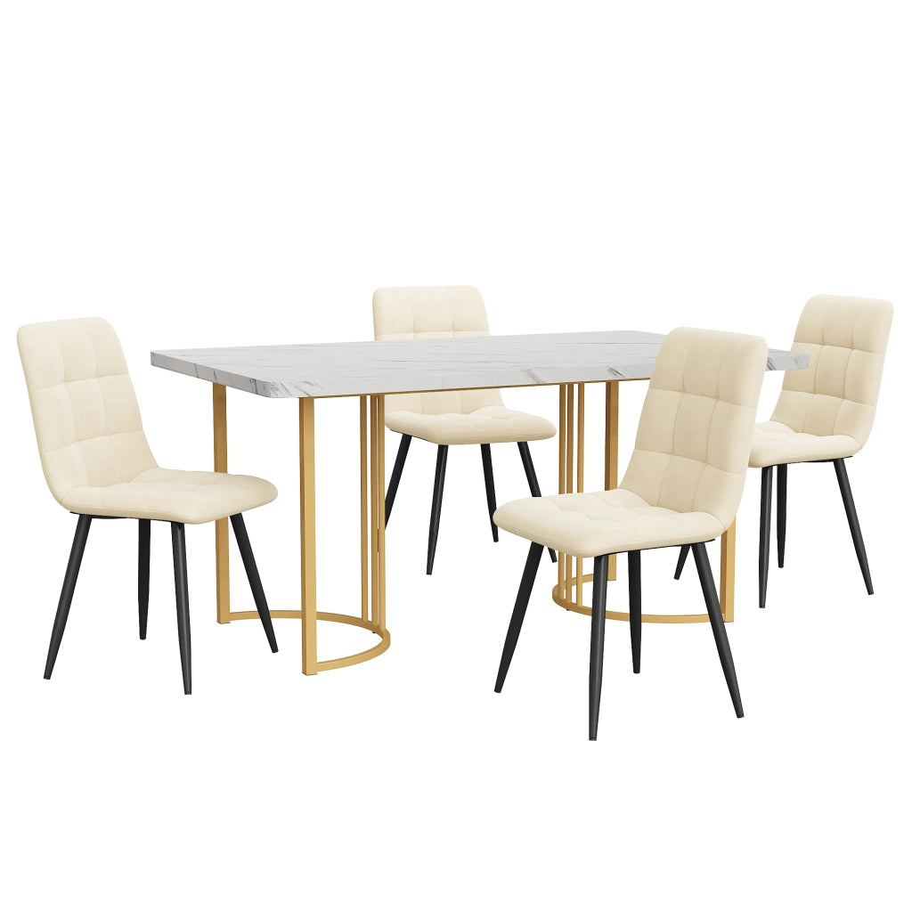 Set Tavolo da Pranzo con 4 Sedie ¨C Xylo ¨C Piano MDF Bianco, Gambe Dorate, Velluto Beige, 140x80 cm