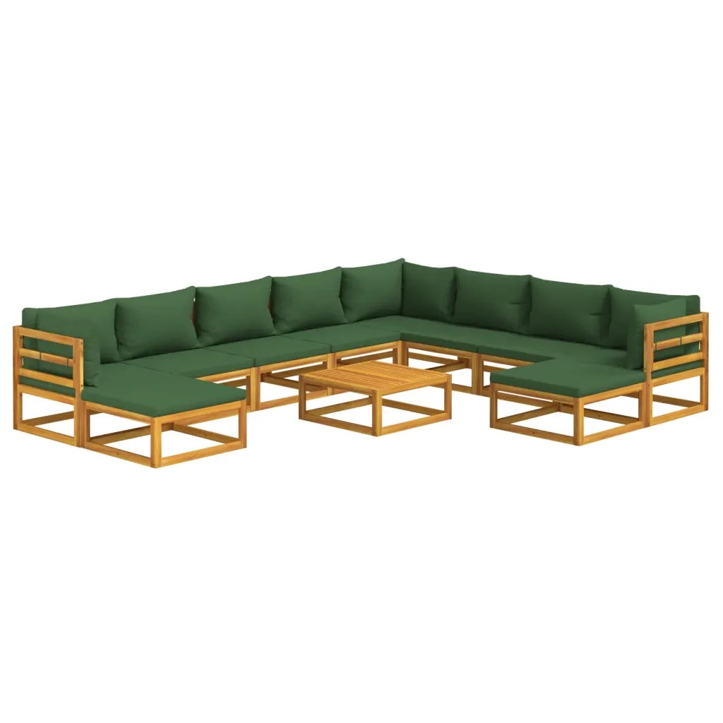 Set Salotto da Giardino 11pz con Cuscini Verdi Legno Massello 3155324