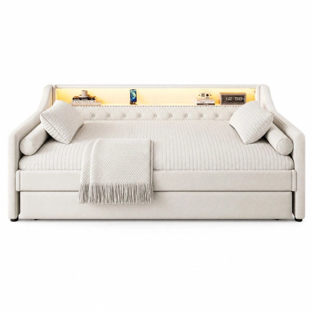 Letto daybed 90x200 cm con letto estraibile, LED, USB e rete a doghe
