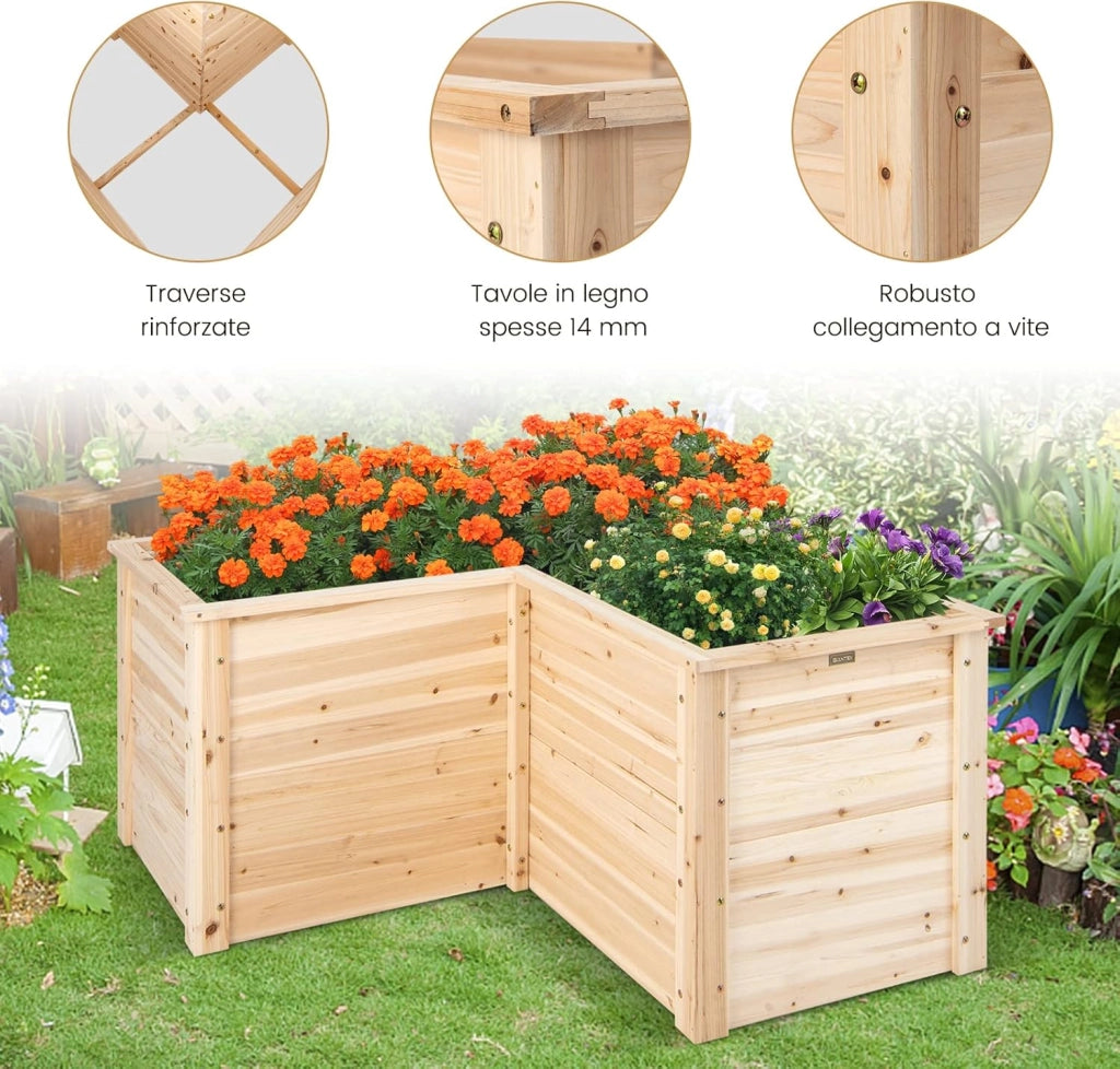 Letto Rialzato da Giardino in Legno, Fioriera da Esterno a Forma di L con Base Aperta, Aiuola per Frutto, Erbe, Verdure e Fiori da Blacone, Cortile e Prato, 120 x 120 x 63 cm (Naturale)