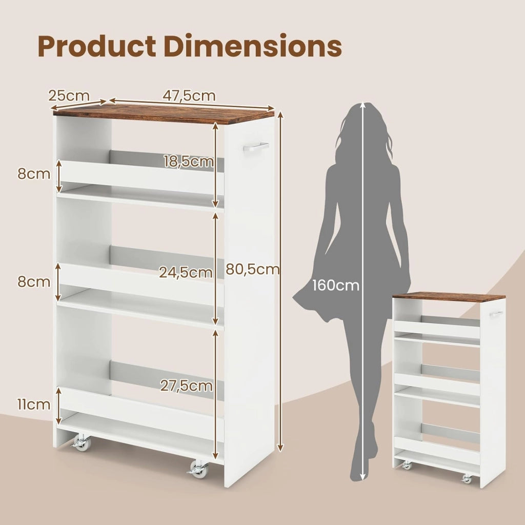 Carrello per Nicchia con Ruote, 4 Livelli，Carrello di Servizio Stretto Salvaspazio, da Bagno, Scaffale da Cucina Sottile 47,5 x 13 x 80,5 cm (Industriale+Bianco, Largo 25 cm)