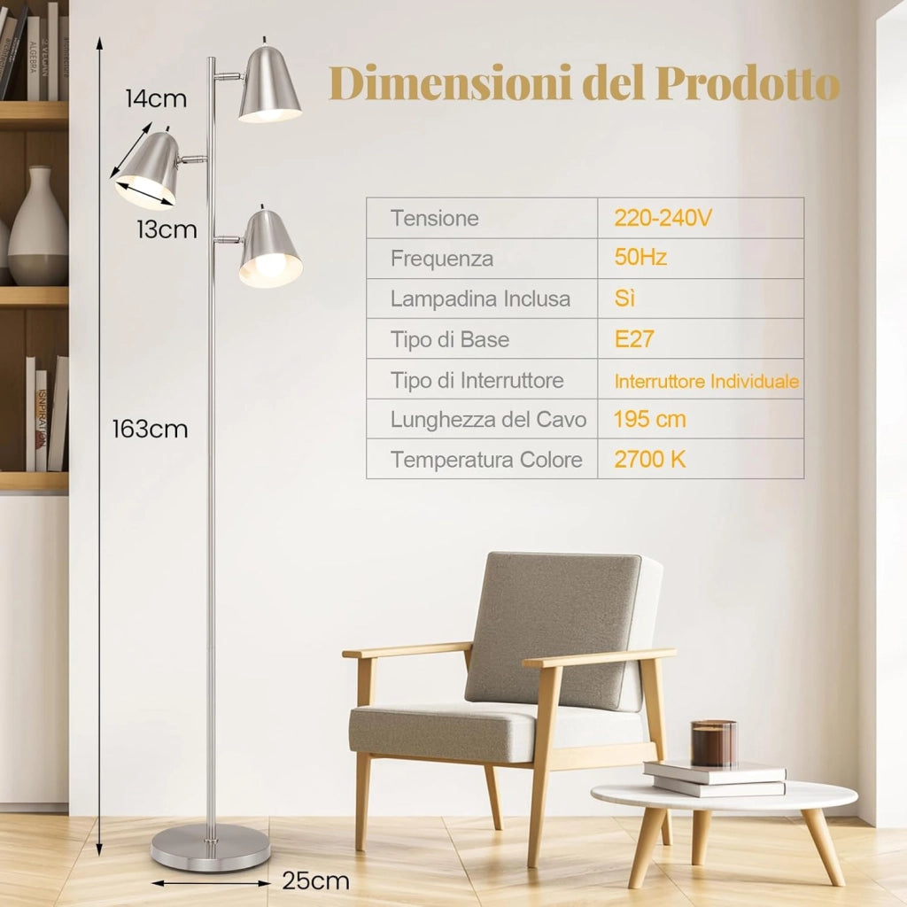 Lampada da Terra Salotto Moderna con 3 Lampadine e Paralumi Regolabili, Interruttore Indipendente, Lampada a Stelo in Metallo con Base Stabile per Camera da Letto e Ufficio (Argento)