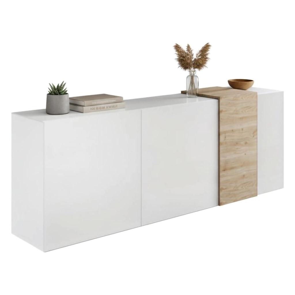 Credenza Jerry, Buffet da soggiorno, Madia da salotto, Dispensa da cucina, Made in Italy, 181x44 h86 cm, Rovere Nodi e Bianco lucido