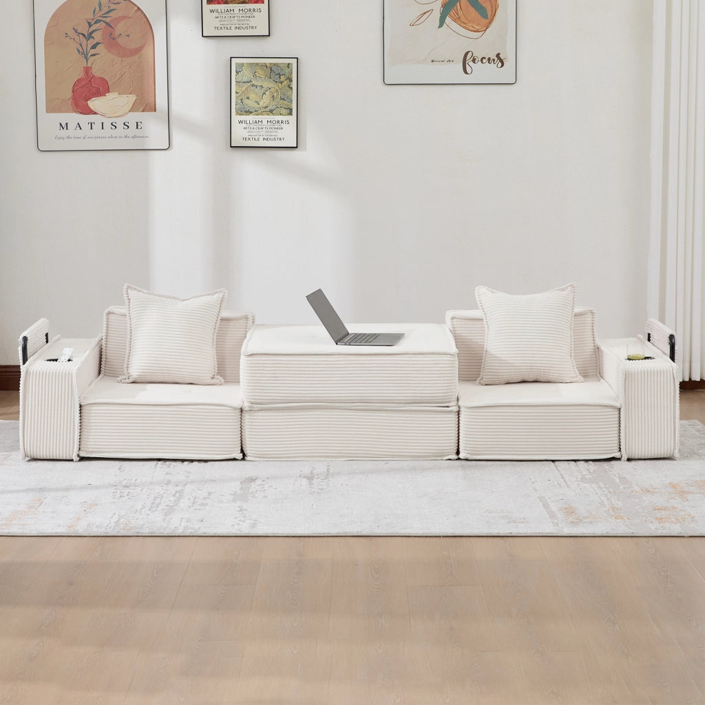 Pouf divano modulare in tessuto effetto corduroy beige, con 2 cuscini e tasche laterali, seduta bassa per relax