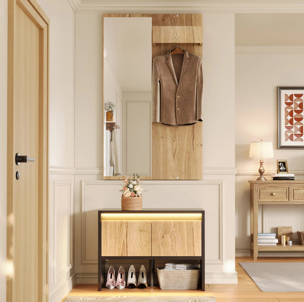 Appendiabiti da ingresso con specchio; panca portascarpe e 2 cassetti 60x38x145 cm; naturale