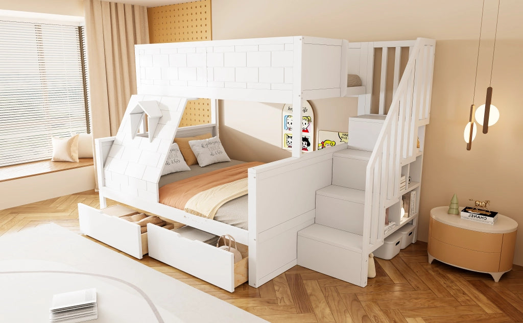 DESMIU Lit superposé 90 × 200 cm con 2 cassetti e scala contenitore, 1 posto in legno, senza materasso, bianco