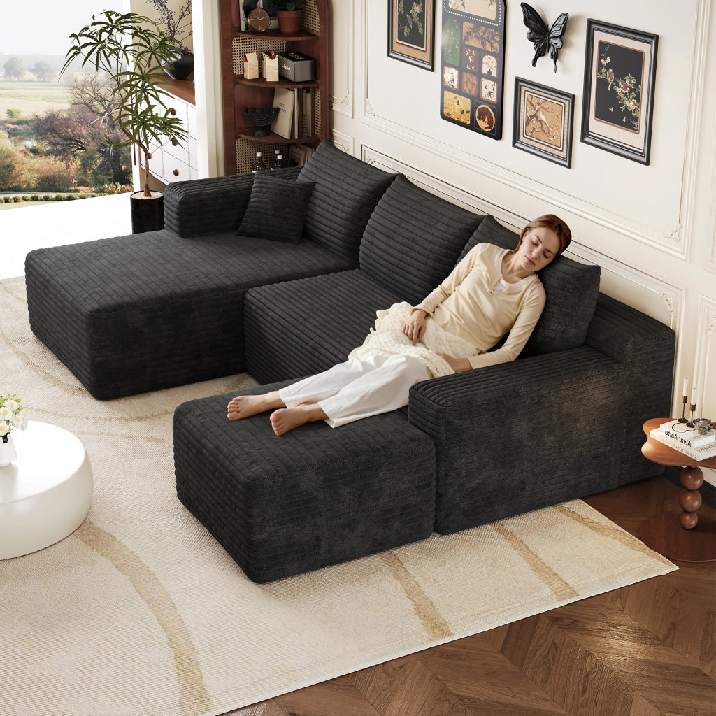 Divano angolare in tessuto con imbottitura in schiuma ad alta elasticità senza montaggio nero 241 × 151 × 58 cm