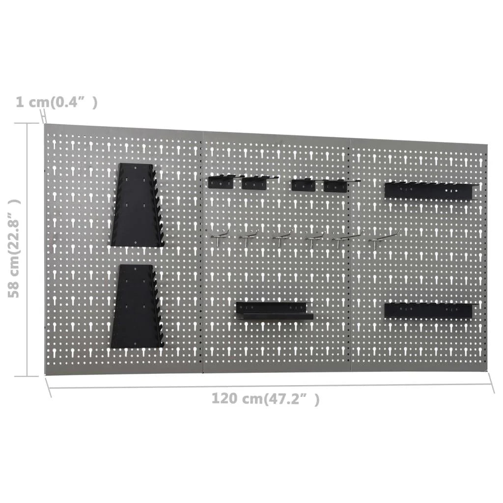 Banco da lavoro 120 cm 3 pannelli a parete e 1 mobiletto da lavoro per officina grigio/nero 02_0003664