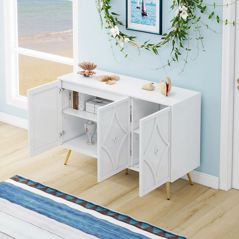 Buffet a 3 ante - Xylo - 120¡Á40¡Á80 cm - Bianco - Motivo 3D piedi dorati