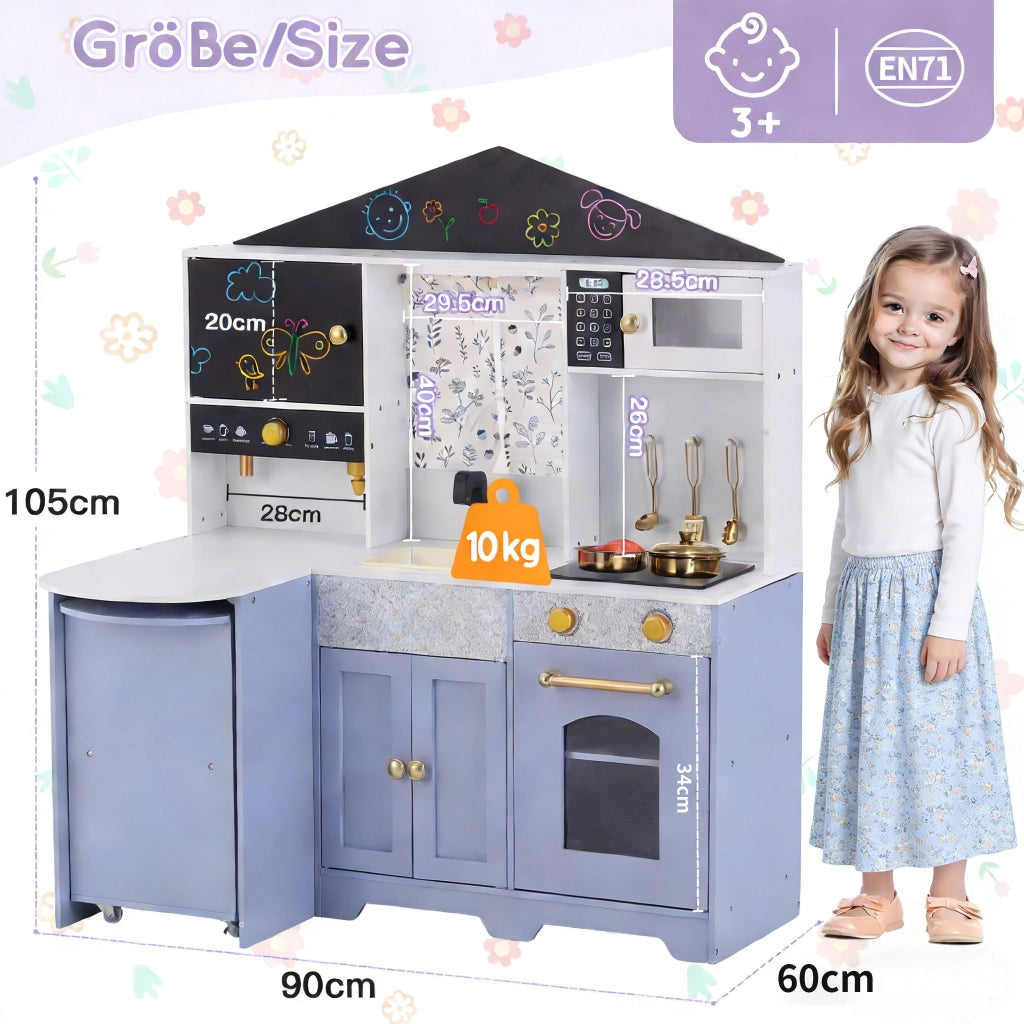 Cucina giocattolo per bambini con lavello, forno, microonde, caffettiera, isola cucina e credenze in MDF lilla