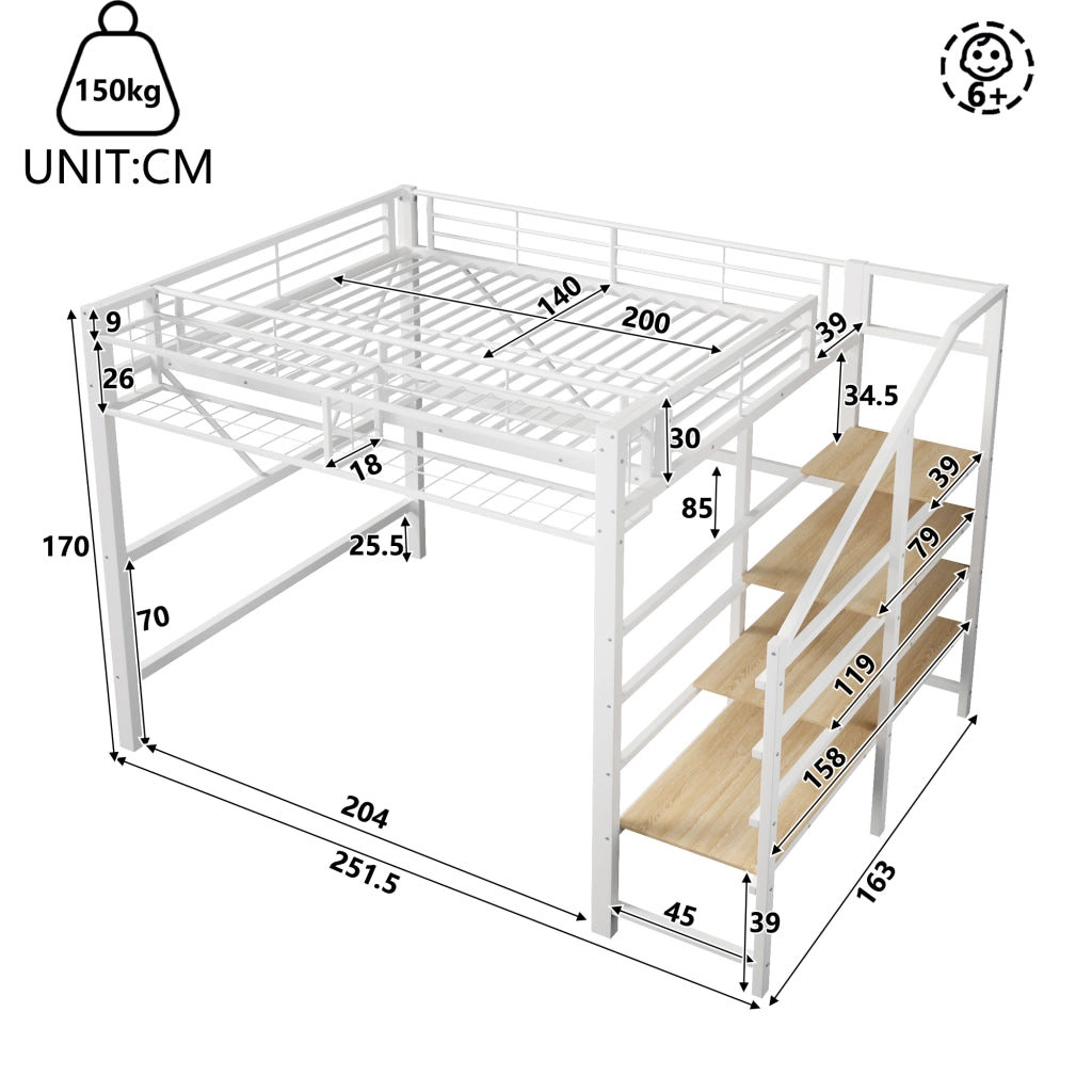 LETTO a soppalco 140x200 cm in metallo e MDF bianco con ripiani laterali