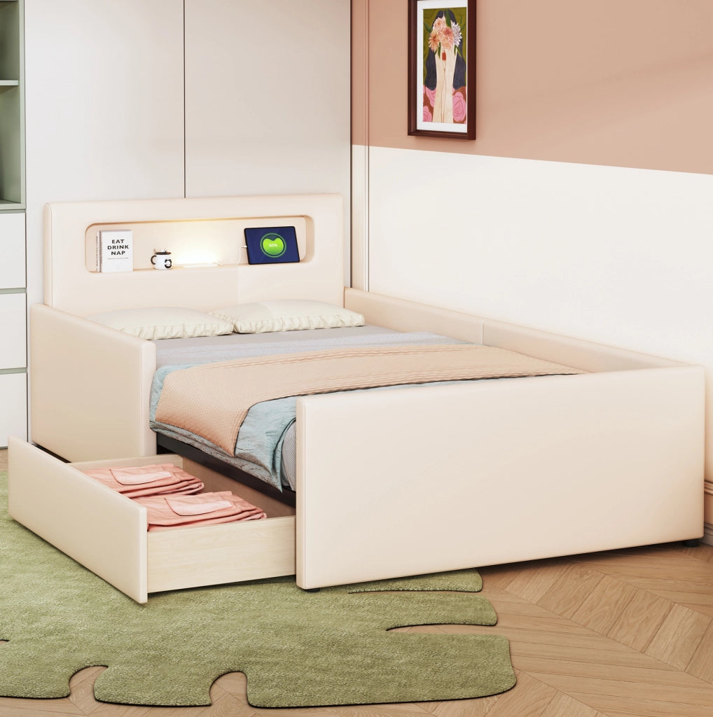 Letto imbottito per bambini 90x200 cm con luce notturna, USB e cassetti