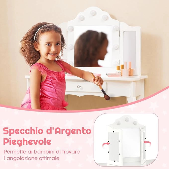 Toeletta Trucco 2 in 1 per Bambina, Specchiera Staccabile per Ragazza in Legno con Sgabello, Cassetto, Ripiani e Giocattoli, Postazione Trucco per 3 Anni, 70 x 34 x 103 cm(Bianco)