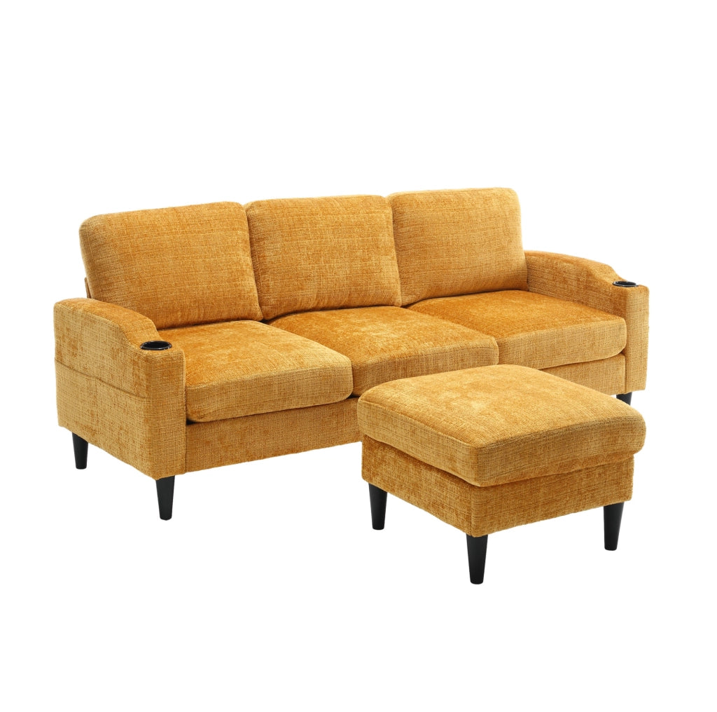 Divano 4 posti 196.5x75x77 cm con pouf contenitore; portabicchieri e tasche laterali in chenille gialla