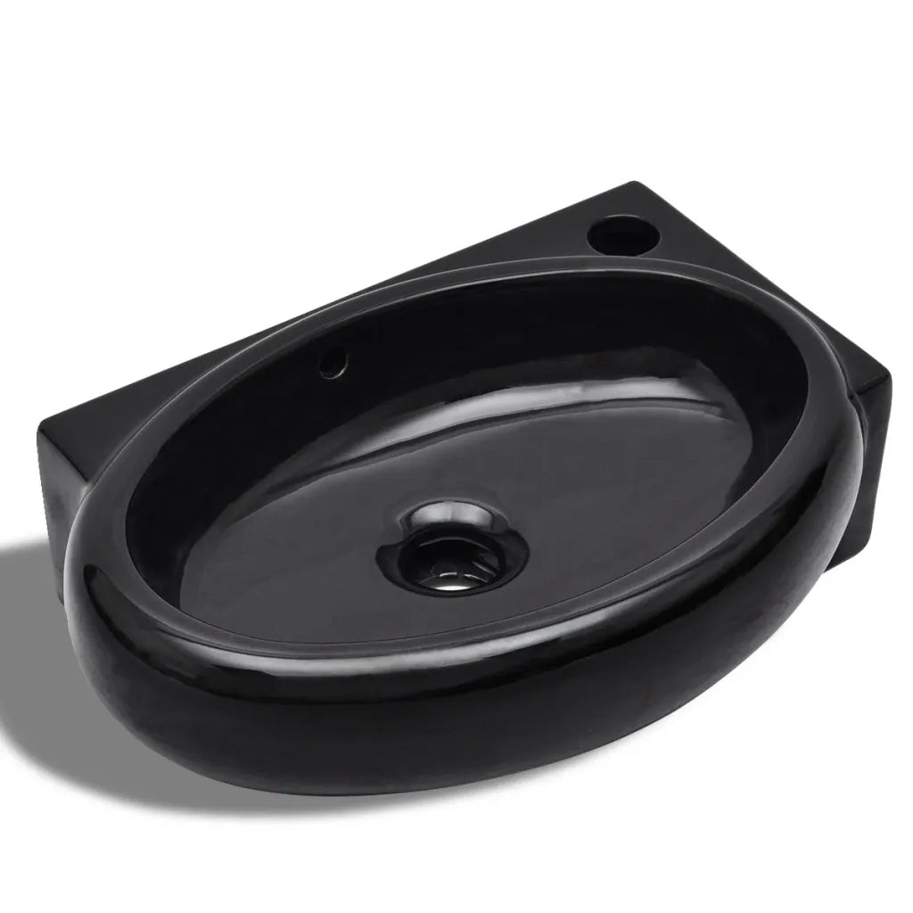 Lavandino in Ceramica-Lavabo-Lavello Nera Rotondo con Foro Rubinetto/ Trabocco