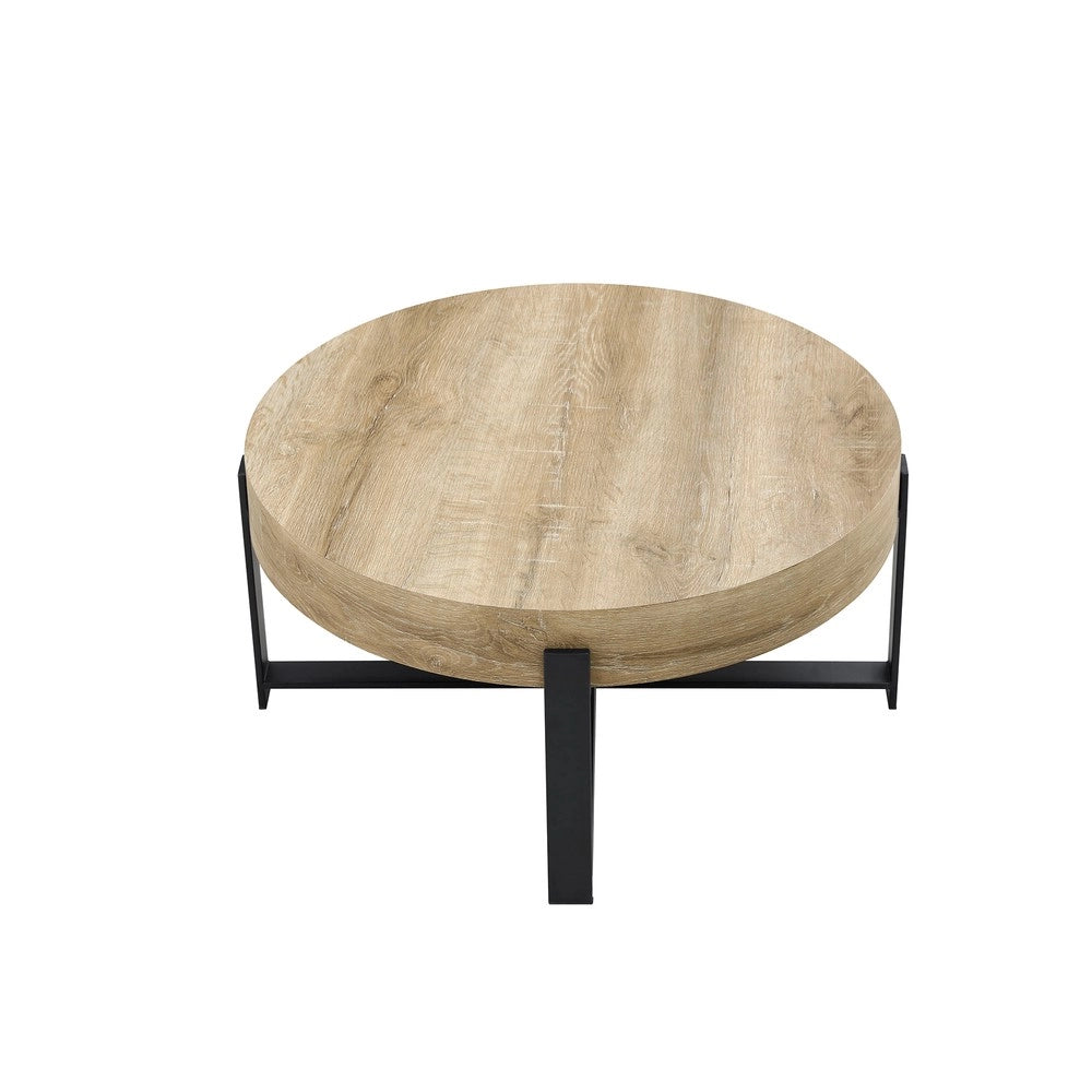 Tavolino da Caff¨¨ Rotondo ¨C MINIMAL ¨C MDF Effetto Legno, Metallo Nero, ?68 cm