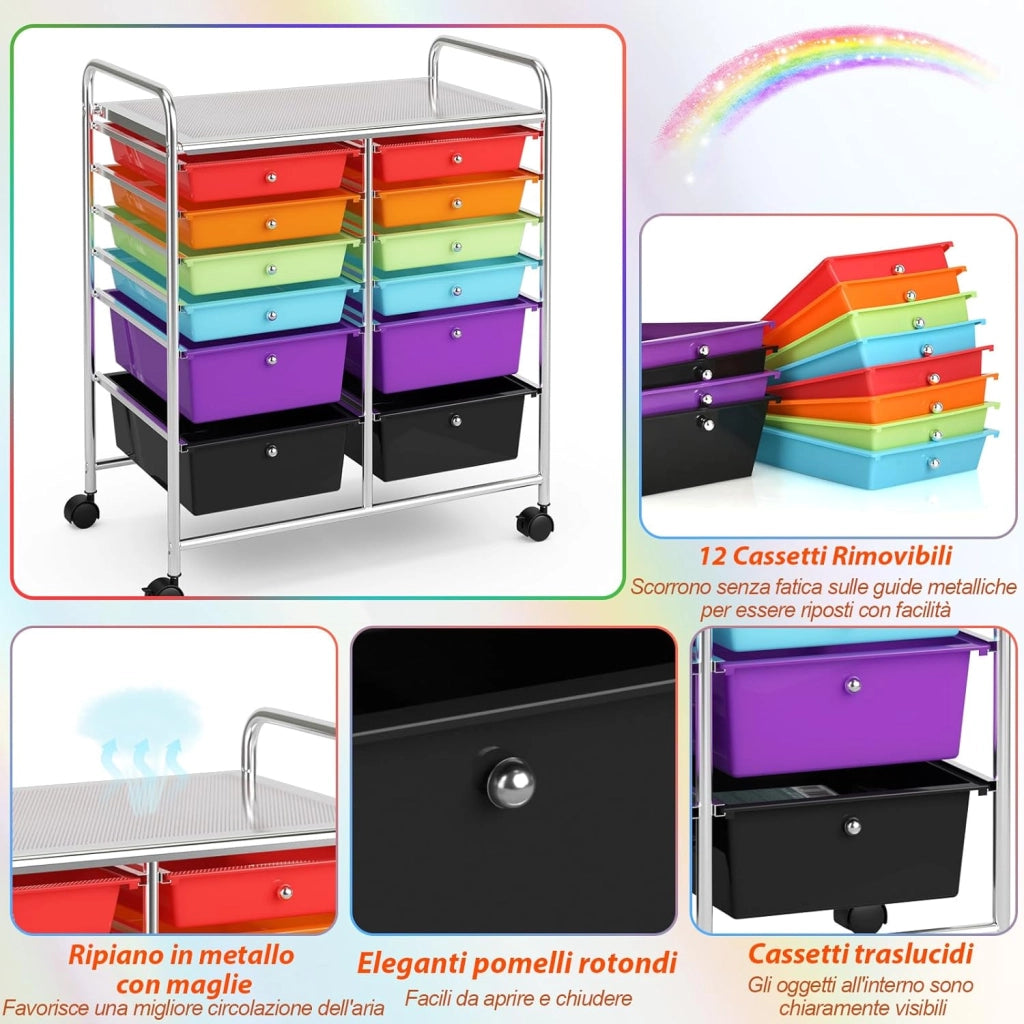 Carrello con 12 Cassetti con Ruote, Ideale per Ufficio e Domestico, 73,5 x 37 x 63 cm (Colorato)