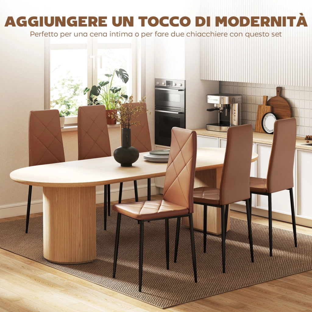 Set di 6 Sedie da Pranzo Moderne con Schienale Alto in Finta Pelle e Acciaio, 41x50x97 cm, Marrone