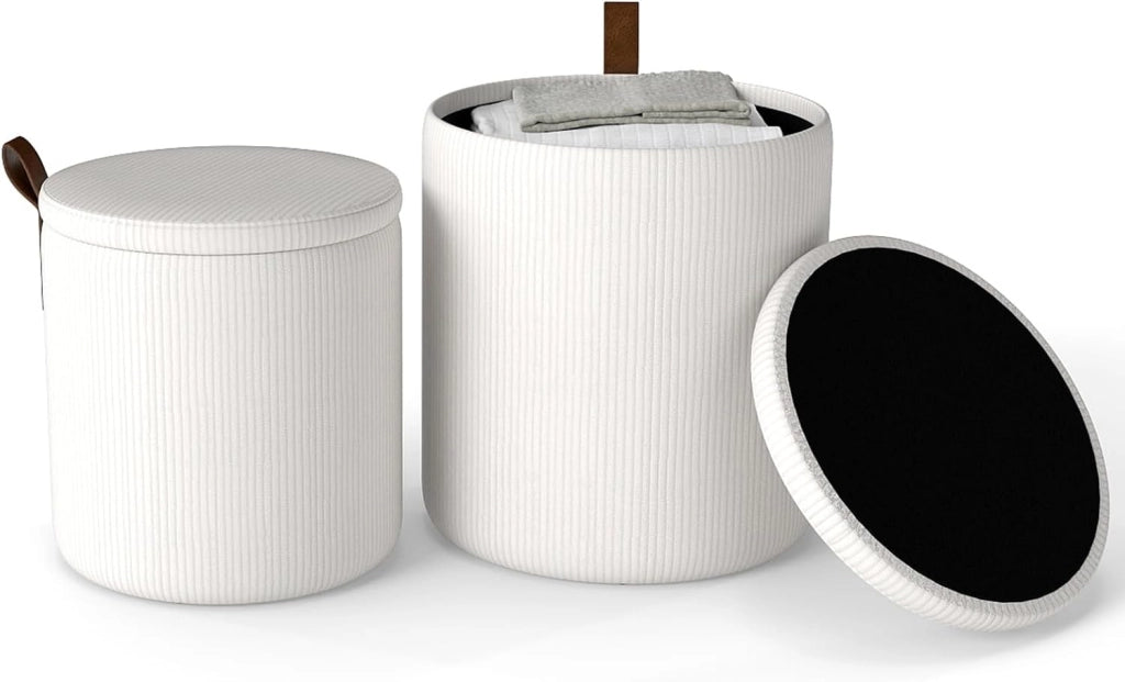 Set di 2 Pouf Contenitore in Velluto, Pouf Rotondi Imbottiti da 40L + 25L, Sgabelli con Contenitore per Soggiorno, Camera da Letto, Portata 150 kg (Bianco)