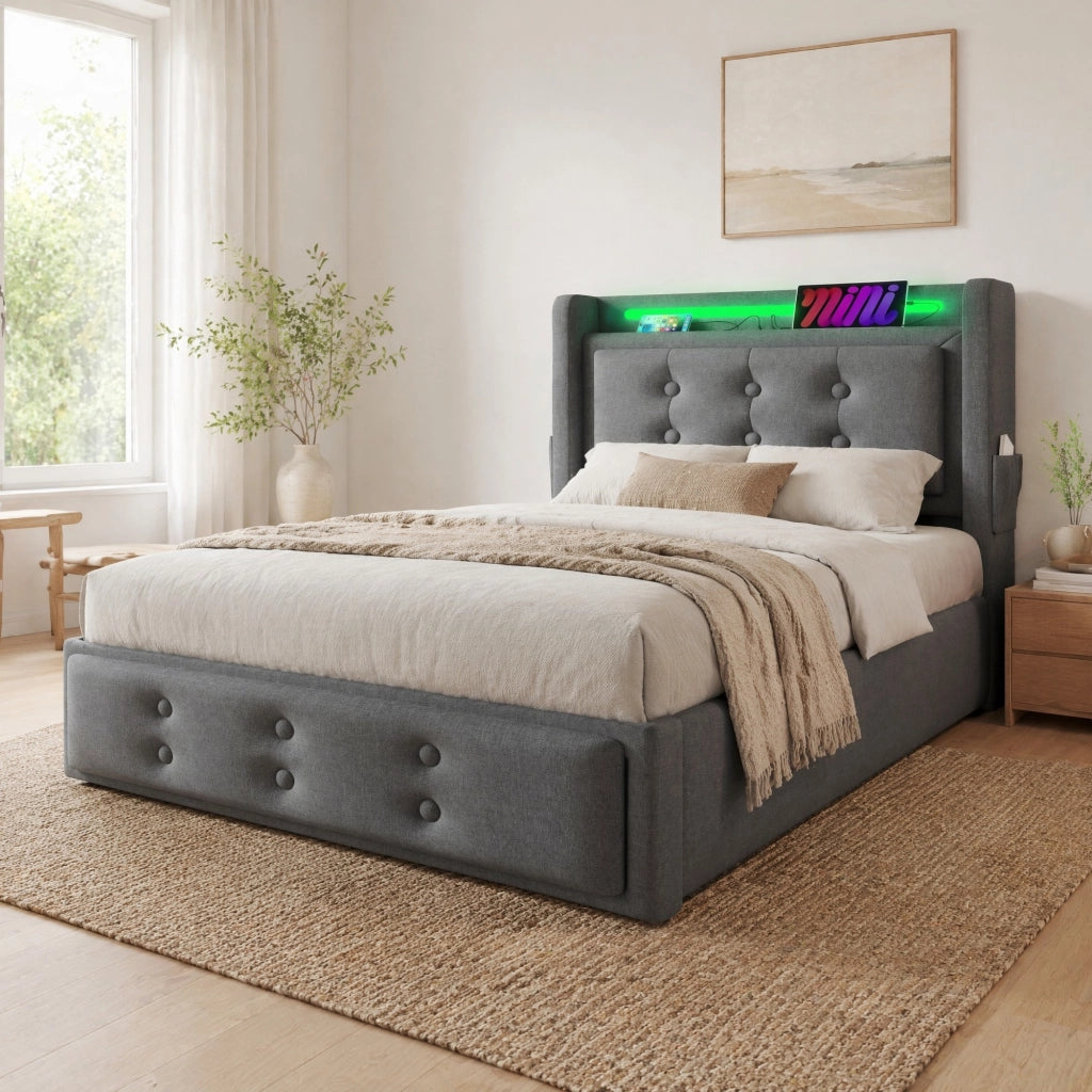 Letto imbottito 90x200 con testiera LED, prese e USB-C, contenitore con rete a doghe, senza materasso