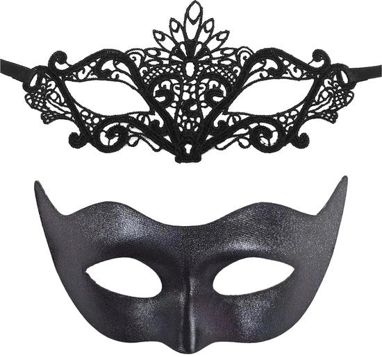 Maschera veneziana da 2 pezzi - Maschera nera con bordi - Maschera da carnevale - Maschera da Halloween - Maschera per il viso - Adatta per Halloween/Carnavale