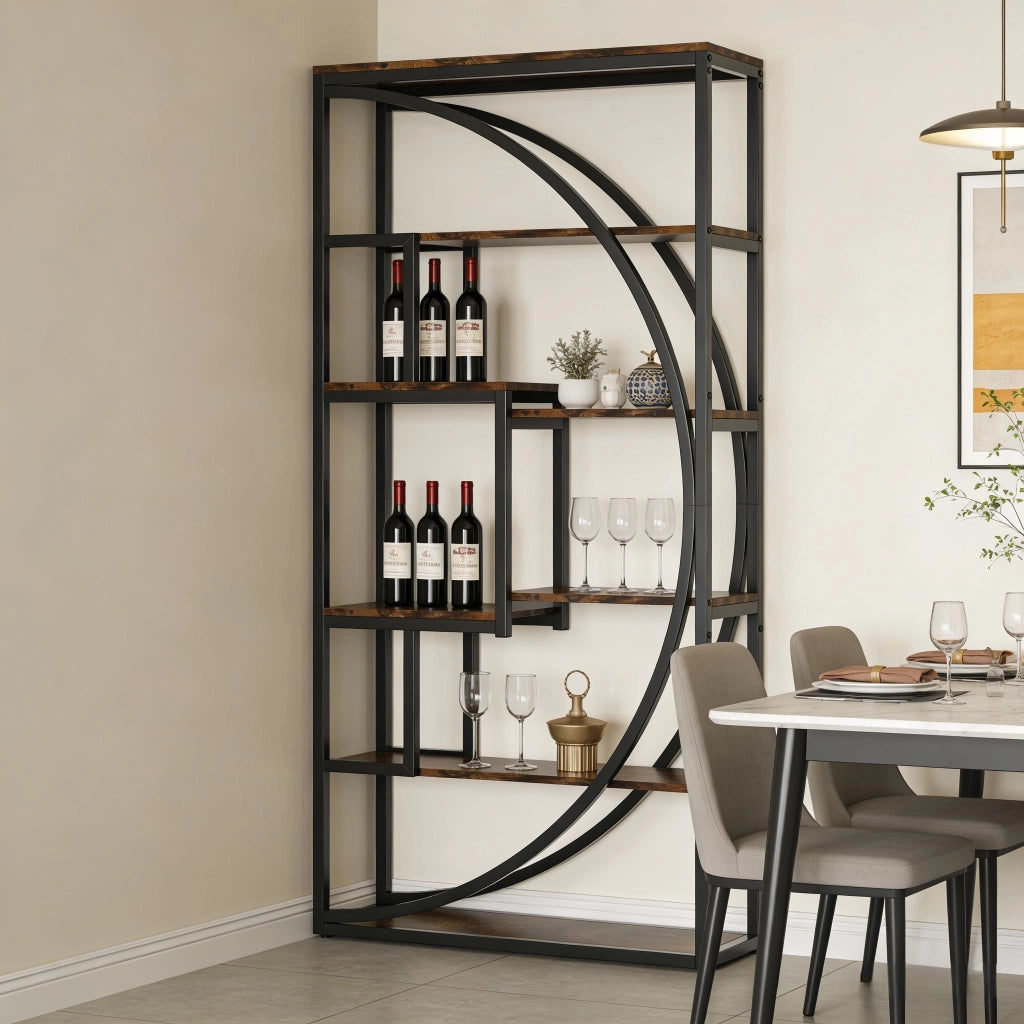 Libreria moderna a 6 livelli con 8 vani aperti in metallo nero e legno marrone rustico 80x30x179 cm